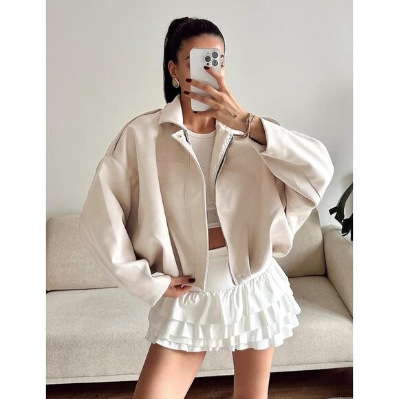 Women's Faux Suede Bomber Jacket Oversized Long Sleeve Zip Up Cropped Beige - Picture 3 of 6